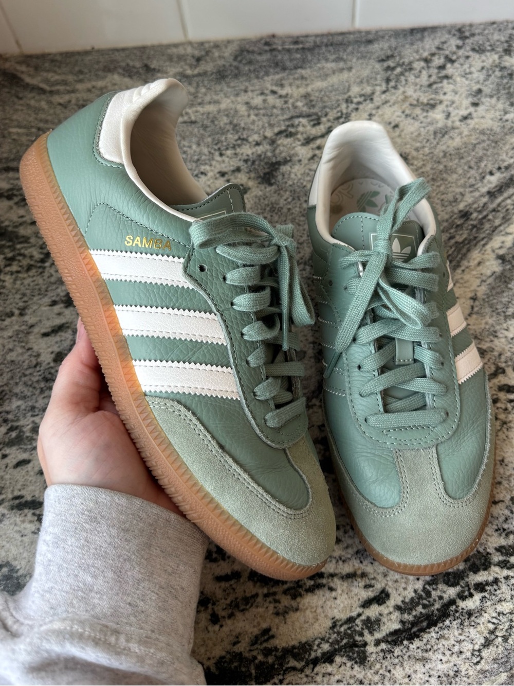 Adidas Sambas in “Silver Green” (Sage). Size 8. EUC.